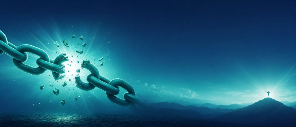 get out of debt - The Debt Survival Guide, breaking free from the chains of debt with silhouette of person standing on mountain peak at sunrise