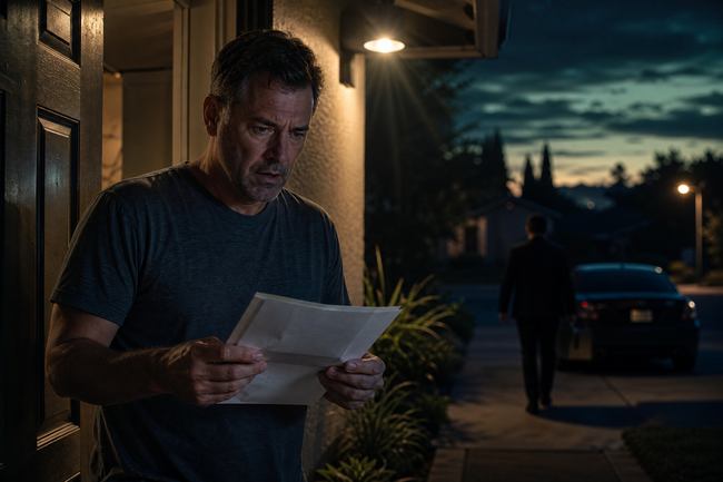 Worried man served
with a debt collection
lawsuit at his front
door at dusk
