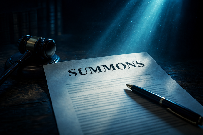 Court summons for
debt collection lawsuit on a desk beside a judge's gavel