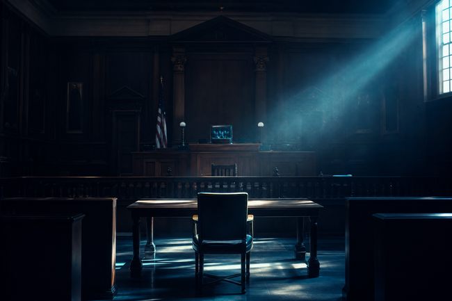 Empty courtroom with
vacant defendant
chair symbolizing a
default judgment in a
debt lawsuit