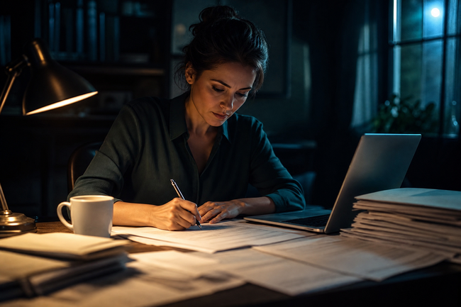 Person learning how
to answer a summons
for debt collection by
drafting a written
answer at a desk