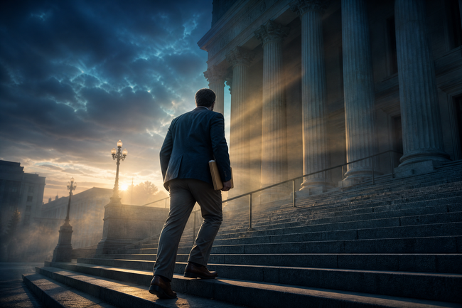 Determined person
climbing courthouse
steps to file an answer
to a debt collection
lawsuit