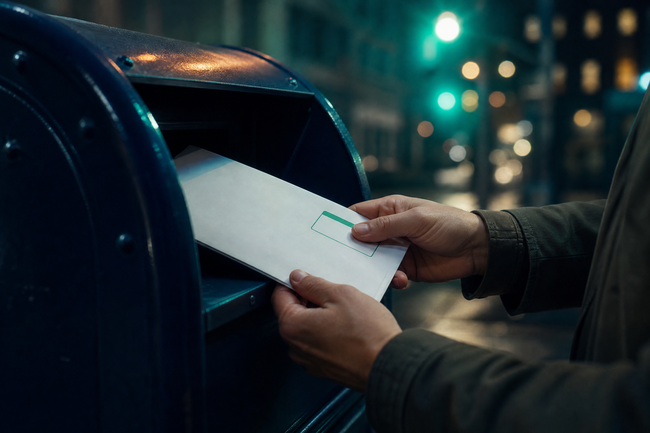 Hands mailing a
certified envelope
containing an answer
to a debt collection
summons