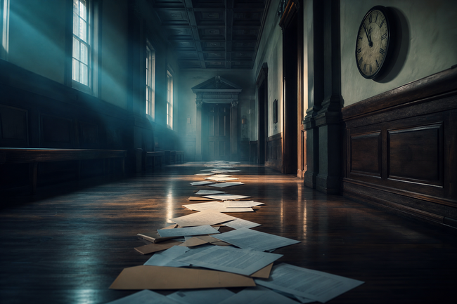 Ignored court summons papers leading toward a courtroom as the default
judgment debt deadline runs out