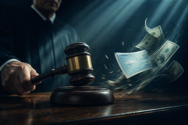 Gavel striking as wages and bank funds are seized under a default judgment for debt