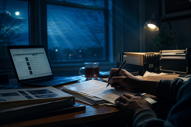 Filling out a motion to vacate a default judgment debt at a desk with court forms
and evidence