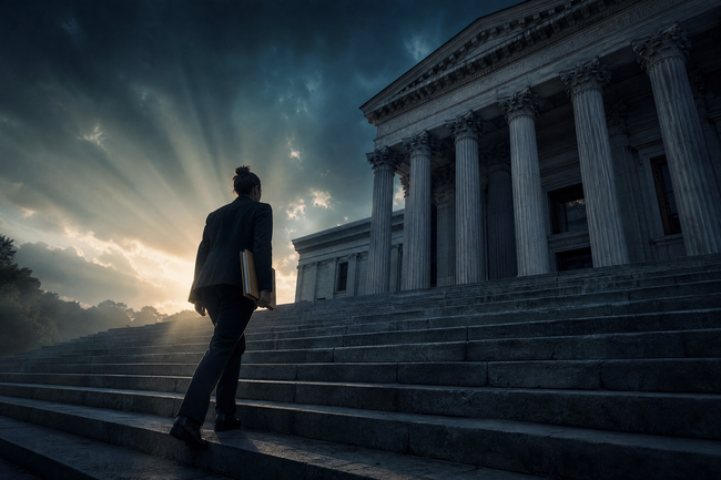 Person climbing courthouse steps at dawn to file a motion to vacate a default
judgment