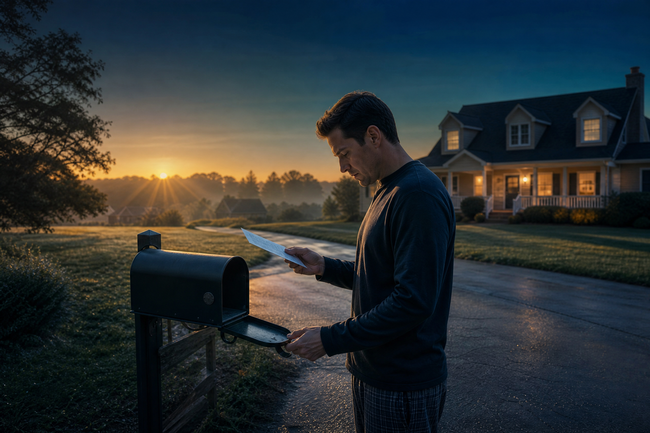 Homeowner reading a court summons at the mailbox to prevent a default
judgment on debt