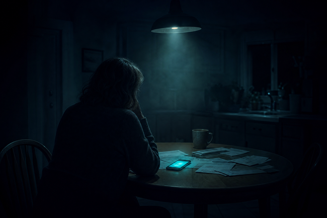 Frightened woman hearing an illegal jail for debt threat on her phone late at night