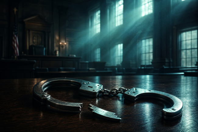 Broken open handcuffs on a courtroom desk symbolizing no jail for unpaid consumer debt