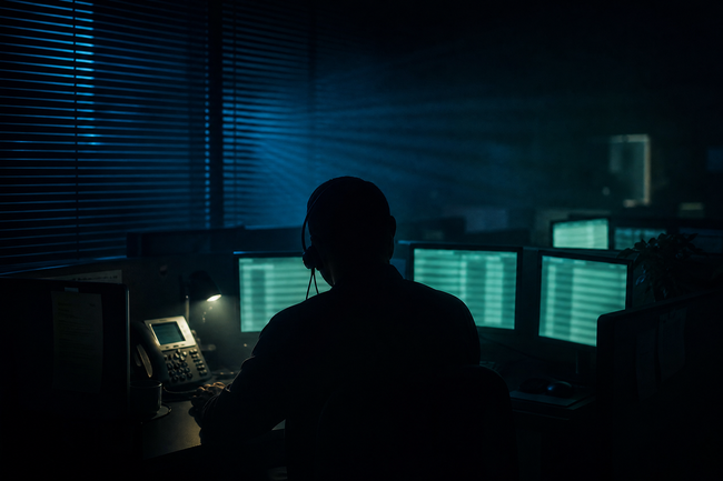 Shadowy debt collector making illegal arrest threats over the phone from a dark call center