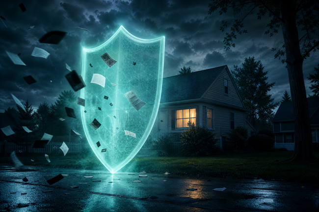 Glowing legal shield protecting a home from debt collector threats under the FDCPA