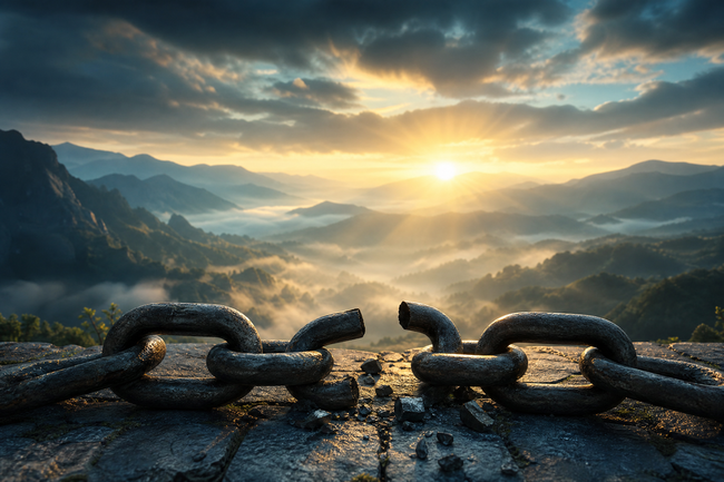 Broken chains at dawn representing freedom from debt fear and collector intimidation