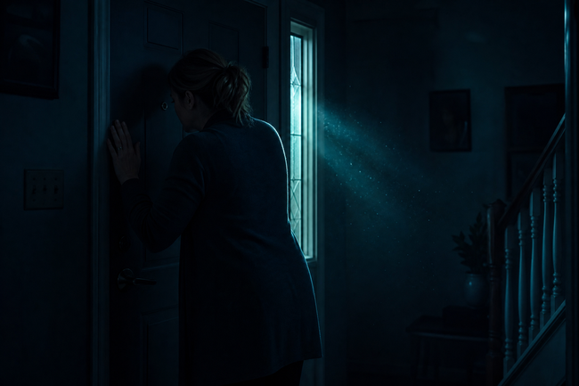 Worried woman looking through her front door peephole at an unexpected evening visitor