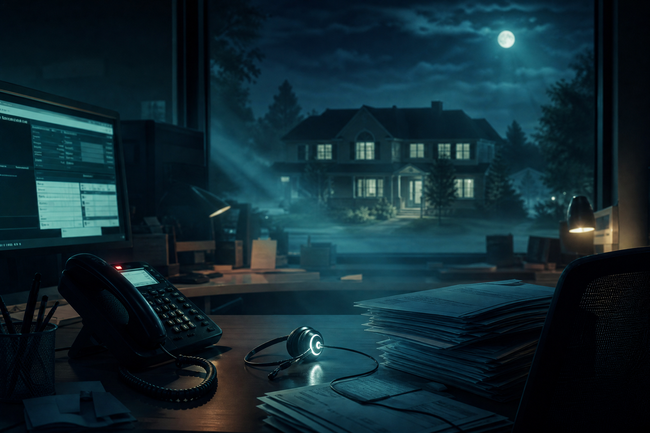 Debt collection call center at night contrasted with a distant quiet suburban home