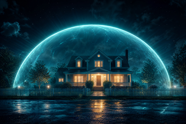 Glowing legal shield protecting a family home from debt collectors house contact after dark