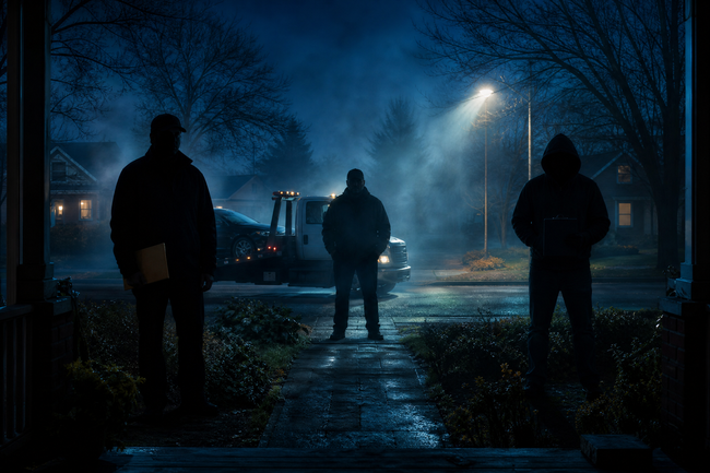 Three silhouetted visitors on a walkway representing a process server, repo agent, and scammer