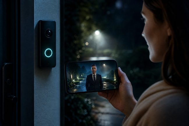 Homeowner calmly speaking through a video doorbell during a debt collectors house visit