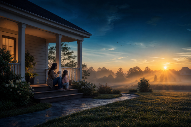 Peaceful home at sunrise symbolizing freedom from fear of debt collector visits