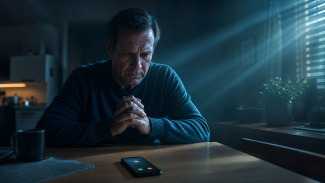 Worried man refusing to answer debt collector phone call at kitchen table at dusk
