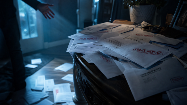 Pile of unopened final notice collection letters left ignored on an entryway table