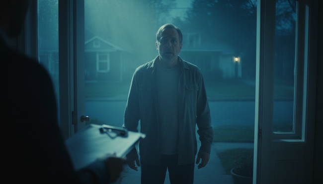 Shocked homeowner receiving a court summons for debt at his front door in the evening