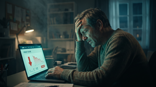 Distressed man watching his credit score drop after choosing to ignore debt collector accounts