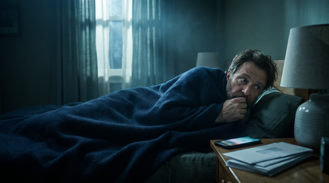 Anxious man hiding under the covers while ignoring debt collection calls and letters at night