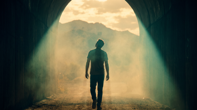 Man walking out of a dark tunnel into bright light symbolizing relief from debt collection stress
