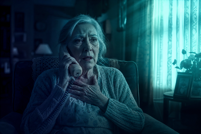 Elderly mother looking frightened and confused while a debt collector calls her about her son's debt