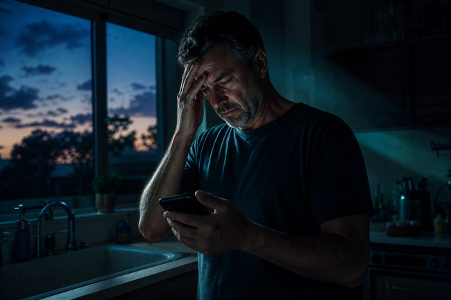 Worried family member staring at his phone after debt collectors call family about a relative's debt