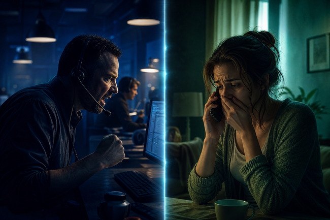 Split scene of a debt collector on a call-center phone while a shocked family member receives the call at home