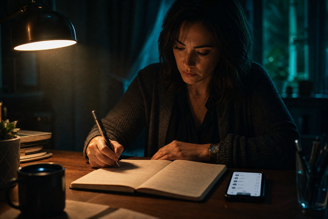 Woman documenting illegal debt collector calls to family members in a notebook with her phone call log open