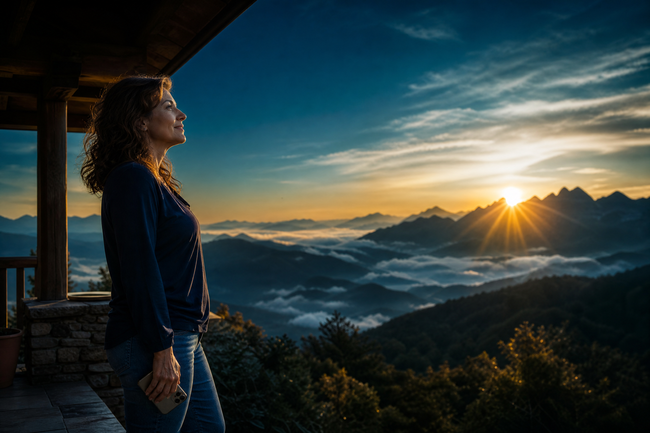 Confident woman at dawn feeling free after enforcing her FDCPA rights against debt collector calls to family