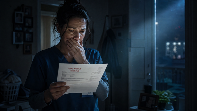 Shocked woman reading a collection letter for a zombie debt she settled years ago