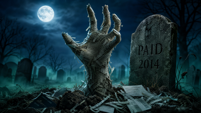 Zombie debt concept — a dead debt rising from a moonlit graveyard to haunt a consumer
