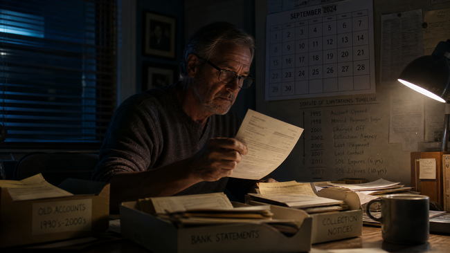 Man checking old records and a calendar to verify the statute of limitations on an old debt