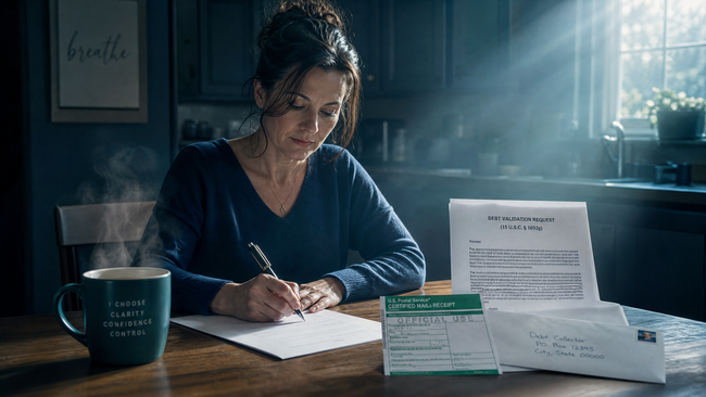 Woman writing a debt validation letter to challenge a zombie debt collector