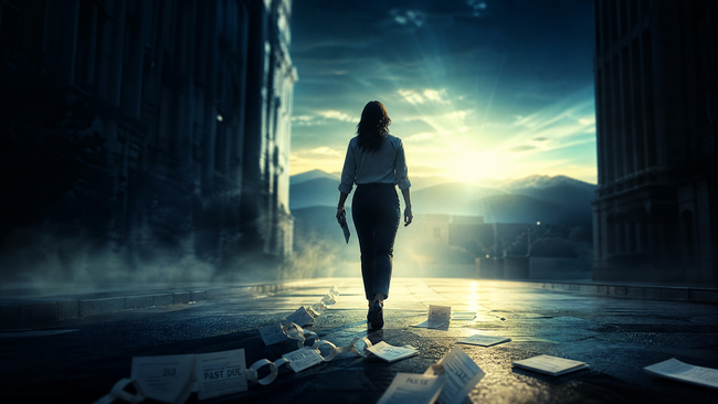 Debt-free consumer walking confidently into the light after defeating an old resurrected debt