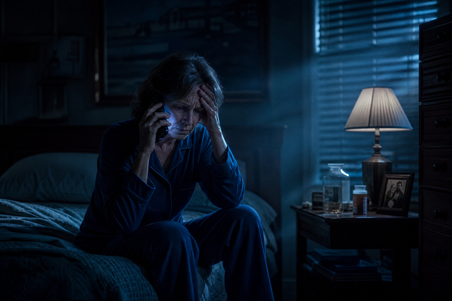 Woman in distress answering a threatening late-night debt collector call — a classic sign of FDCPA violations