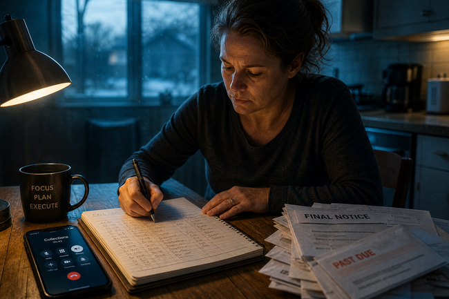 Consumer documenting debt collector harassment calls in a written call log notebook