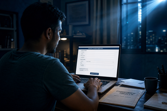 Person filing a CFPB complaint online to report illegal debt collection practices