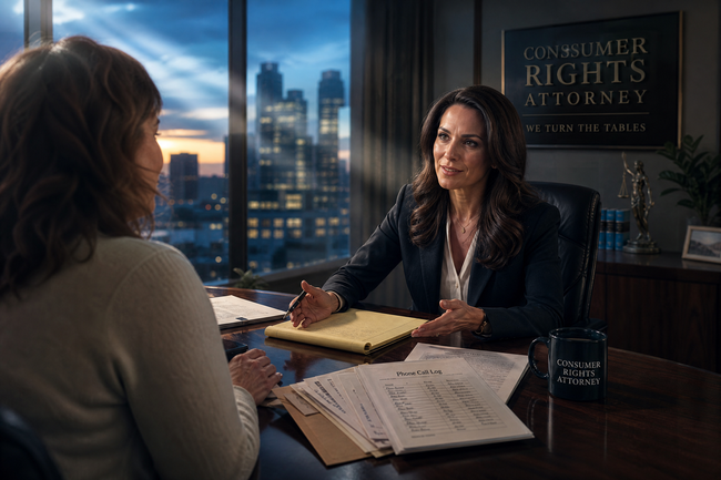 Consumer meeting with a consumer rights attorney about suing a debt collector for FDCPA harassment