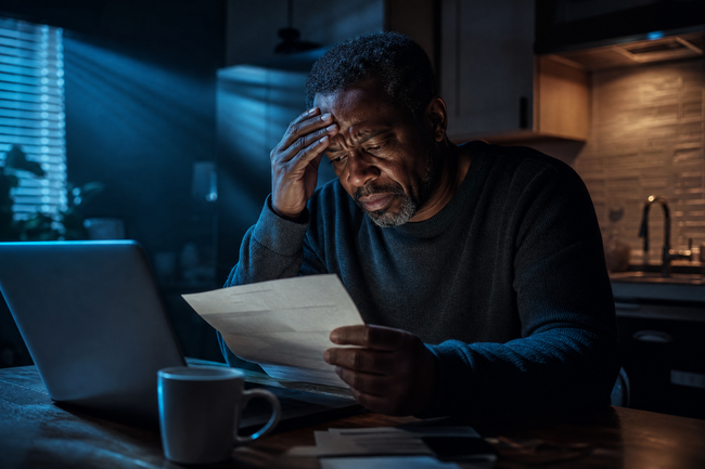 Confused man reviewing his credit report at night trying to understand a charge-off and a collection entry