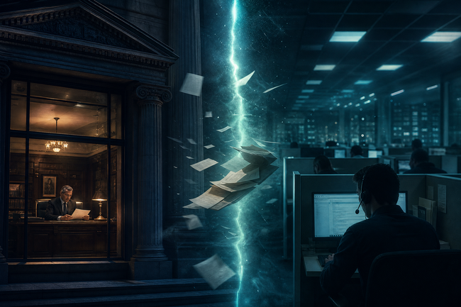 Split scene comparing an original creditor bank with a collection agency call center