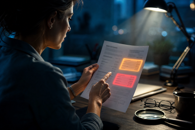 Woman pointing at a credit report showing both a charge-off entry and a collection entry highlighted