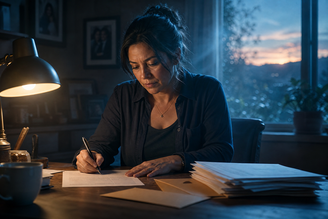 Determined woman writing a debt validation letter to a collection agency