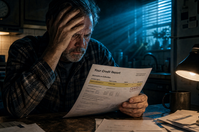 Frustrated man discovering a paid collection still showing on his credit report
