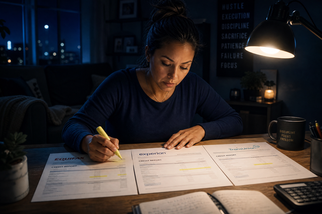 Woman verifying collection removal across all three credit bureau reports