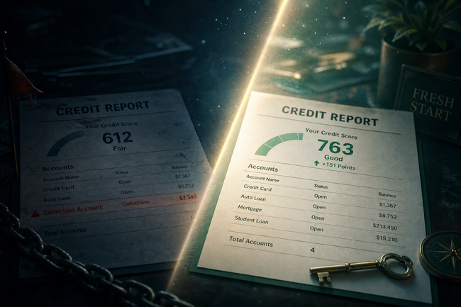 Credit report before and after a successful pay for delete agreement removes a collection
